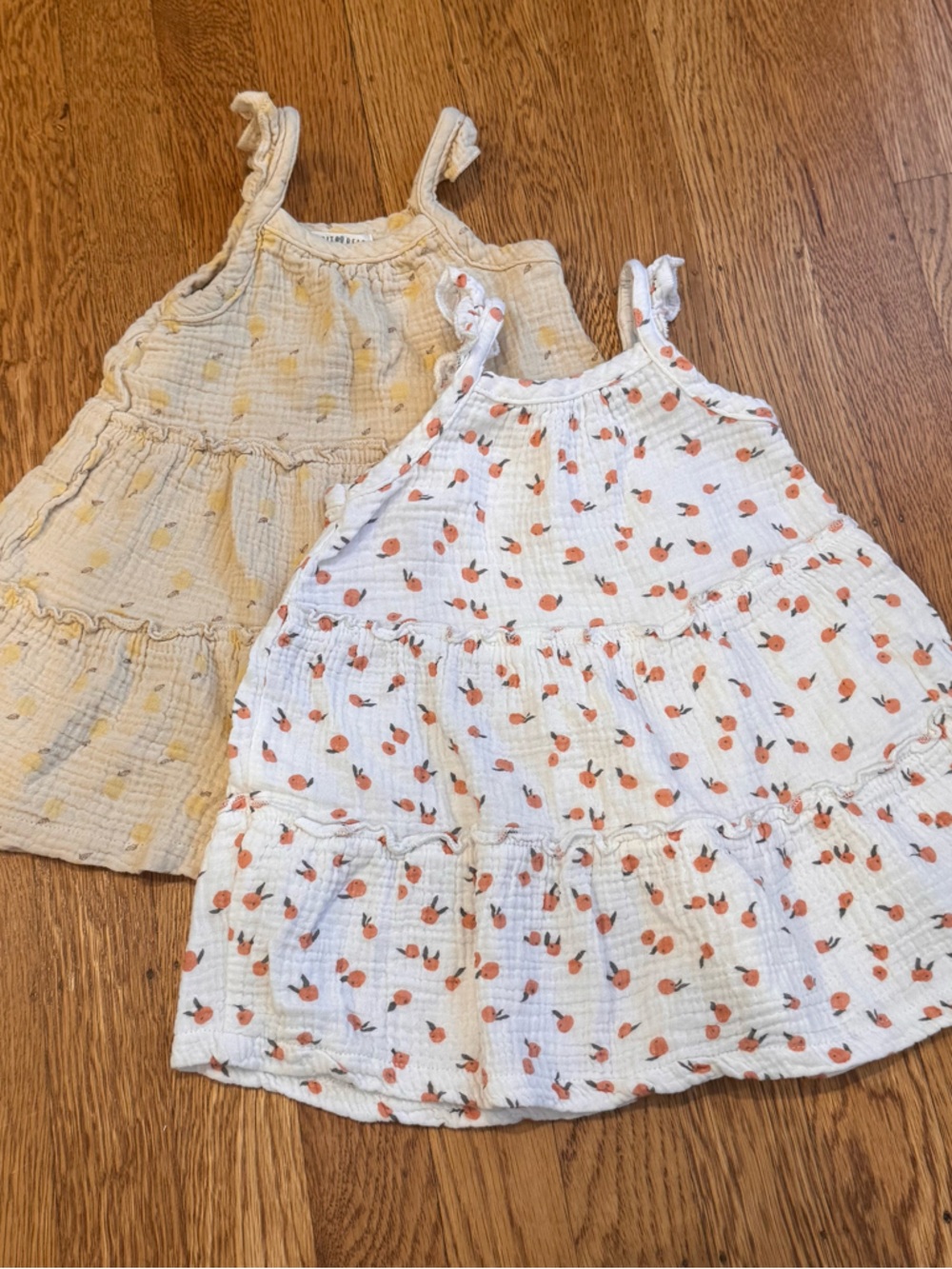 Rabbit + Bear Cotton dresses Peach Print & lemon print 18 months white & beige
